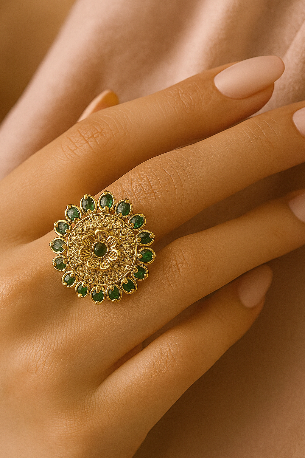 Antique Green Adjustable Ring – Traditional Floral Gold Finish